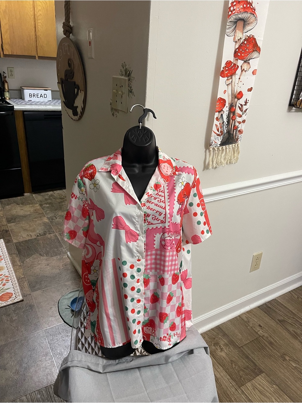 ROMWE Pink & White Strawberry Patchwork Button-Down Shirt